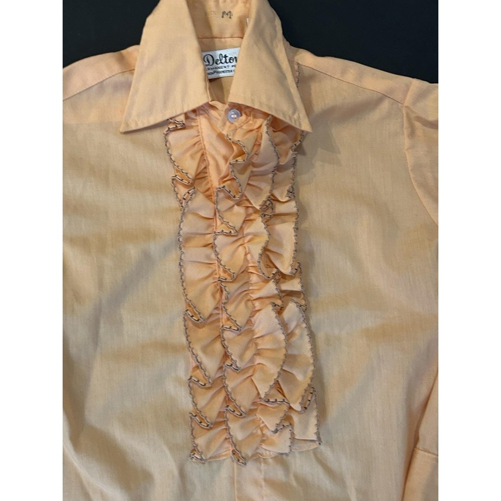 Rare Vtg  70s DELTON Peach Tux Tuxedo Formal Wear Boys Ruffle Ruffled SHIRT Sz M - Picture 3 of 5